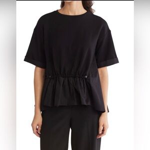 Adrianna Papell Terry Elbow Sleeve Drawstring
Peplum Black Top Blouse